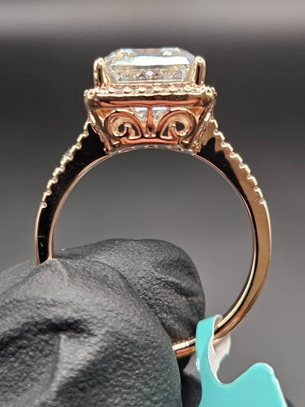 925 sterling silver moissanite 14k rose gold emerald cut halo ring sz 9 12.21ct